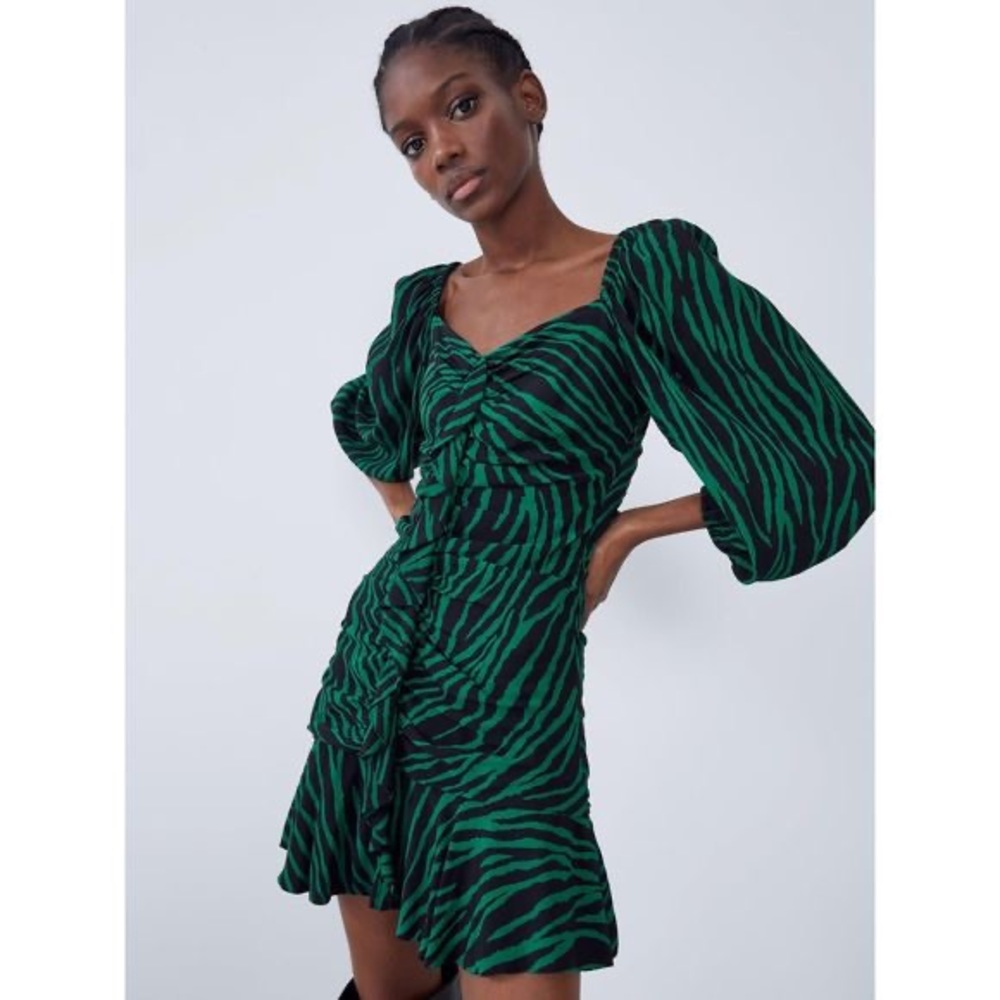 Green Zebra-Print Puff Sleeve Mini Dress - Picture 3 of 10